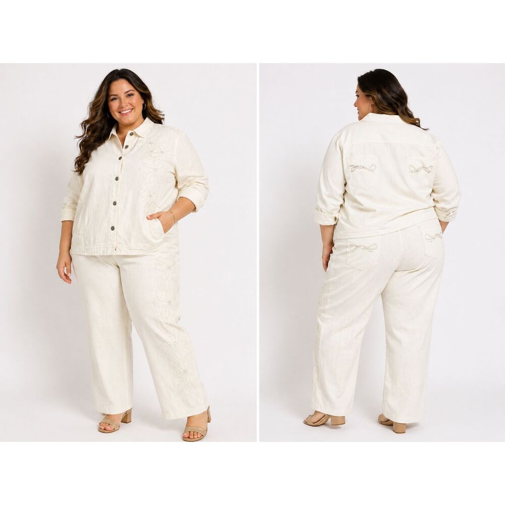 Sag Harbor 2 Pc Set Womens 3X Ivory Embroidered Jacket Pants Plus Size